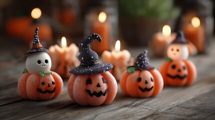 Friendly pumpkins with charming spooky faces, tiny skulls, flickering candles, and witch hats on orange