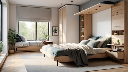 Spacious Minimalist Bedroom with Natural Light and Modern Wooden Furniture next to Large Window