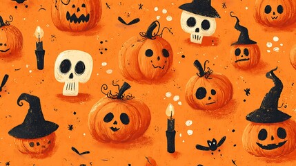 Playful spooky pumpkins with goofy scary expressions, small skulls, candles, and witch hats on orange