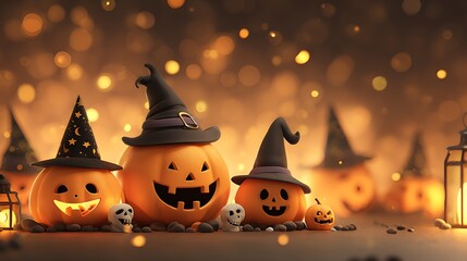 Happy pumpkins with cheerful spooky smiles, mini skulls, glowing candles, and witch hats on orange