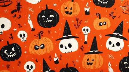 Playful spooky pumpkins with goofy scary expressions, small skulls, candles, and witch hats on orange
