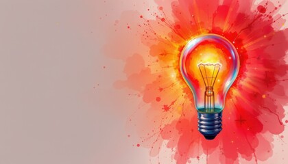 create a captivating image of a colorful glowing idea bulb lamp, visualizing the concept of brainstorming and creative thinking in a watercolor style using bright red tones