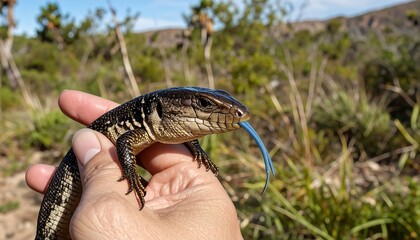 Lizard held in hand, vibrant blue tongue