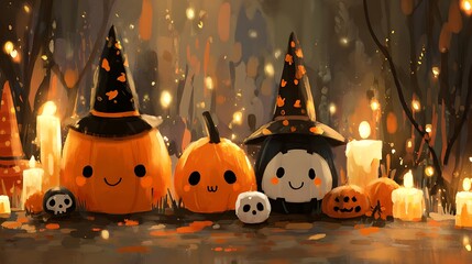 Happy pumpkins with cheerful spooky smiles, mini skulls, glowing candles, and witch hats on orange