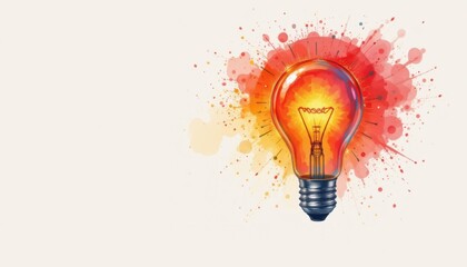 create a captivating image of a colorful glowing idea bulb lamp, visualizing the concept of brainstorming and creative thinking in a watercolor style using bright red tones