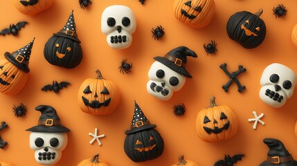Silly spooky pumpkins with sweet scary faces, little skulls, candles, and witch hats on orange