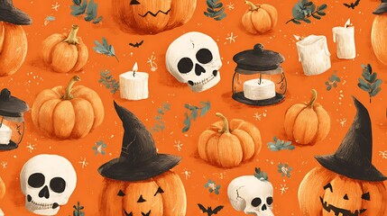 Silly spooky pumpkins with sweet scary faces, little skulls, candles, and witch hats on orange
