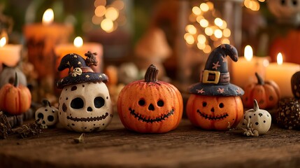 Goofy pumpkins with cute spooky grins, tiny skulls, glowing candles, and witch hats on orange
