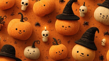 Goofy pumpkins with cute spooky grins, tiny skulls, glowing candles, and witch hats on orange