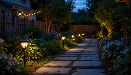 Fototapeta premium create a serene and inviting garden path scene at dusk featuring solar lights to enhance tranquility, position the solar lights strategically along the garden path