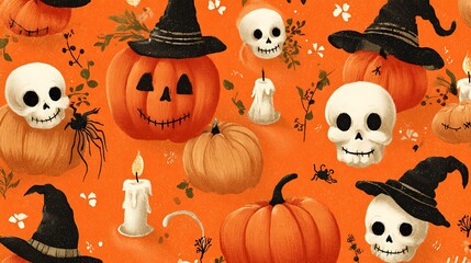 Whimsical spooky pumpkins with happy scary faces, small skulls, candles, and witch hats on orange