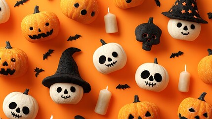 Whimsical spooky pumpkins with happy scary faces, small skulls, candles, and witch hats on orange