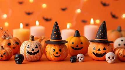 Cheerful pumpkins with funny spooky faces, mini skulls, flickering candles, and witch hats on orange