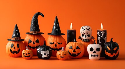Cheerful pumpkins with funny spooky faces, mini skulls, flickering candles, and witch hats on orange