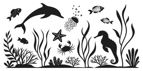 Black silhouette illustration of various marine life and ocean elements on a white background. Includes diverse sea creatures such as dolphins, seahorses, octopuses, jellyfish, starfish, crabs, fish, 