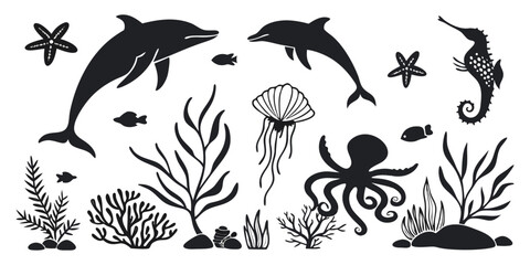 Black silhouette illustration of various marine life and ocean elements on a white background. Includes diverse sea creatures such as dolphins, seahorses, octopuses, jellyfish, starfish, crabs, fish, 