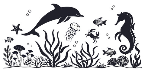 Black silhouette illustration of various marine life and ocean elements on a white background. Includes diverse sea creatures such as dolphins, seahorses, octopuses, jellyfish, starfish, crabs, fish,  © RAHIM