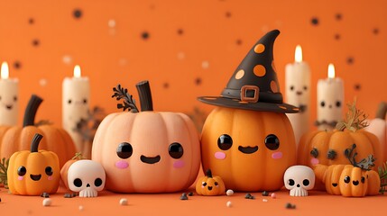 Cute pumpkins with silly spooky expressions, tiny skulls, candles, and witch hats on orange