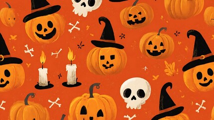 Playful spooky pumpkins with charming scary smiles, little skulls, glowing candles, and witch hats on orange