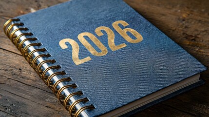 A blue spiral-bound planner for the year 2026 rests on a wooden surface. The cover features the year embossed in gold. Ideal for budgeting and planning.