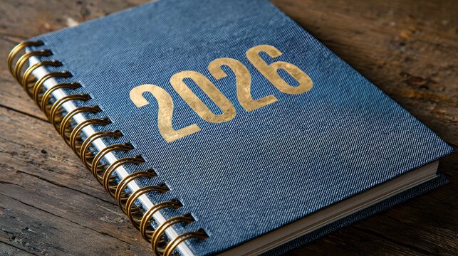 A blue spiral-bound planner for the year 2026 rests on a wooden surface. The cover features the year embossed in gold. Ideal for budgeting and planning.