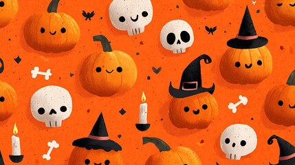 Adorable spooky pumpkins with happy scary grins, small skulls, candles, and witch hats on orange