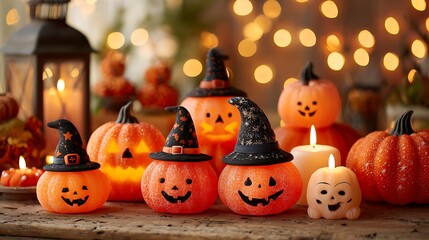 Goofy spooky pumpkins with friendly scary faces, mini skulls, glowing candles, and witch hats on orange