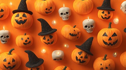 Goofy spooky pumpkins with friendly scary faces, mini skulls, glowing candles, and witch hats on orange