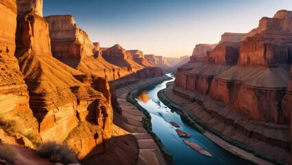 Stunning Canyon Landscape with Winding River at Sunset Surrounded by Majestic Mountains