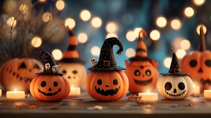 Funny pumpkins with cheerful spooky grins, little skulls, candles, and witch hats on orange