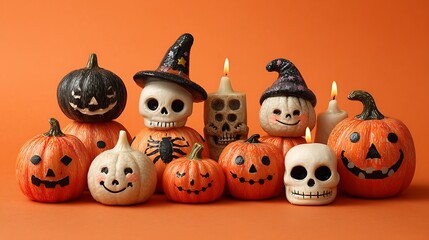 Funny pumpkins with cheerful spooky grins, little skulls, candles, and witch hats on orange