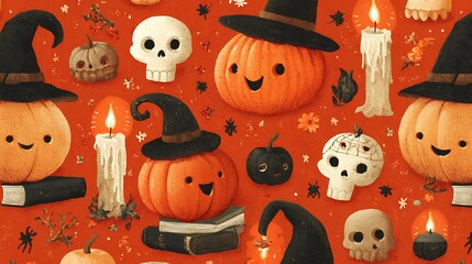 Whimsical pumpkins with sweet spooky faces, small skulls, candles, and witch hats on orange