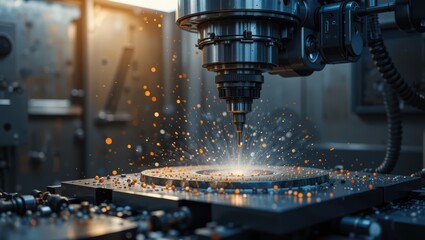 High Precision Metal Cutting Machine Sparkling during Industrial Manufacturing Process