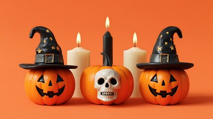 Friendly spooky pumpkins with funny scary grins, mini skulls, flickering candles, and witch hats on orange