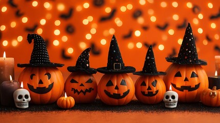 Friendly spooky pumpkins with funny scary grins, mini skulls, flickering candles, and witch hats on orange