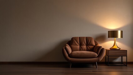 Cozy armchair and lamp in a dimly lit room with warm lighting