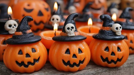 Friendly spooky pumpkins with funny scary grins, mini skulls, flickering candles, and witch hats on orange