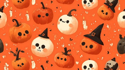 Happy cartoon pumpkins with cute spooky faces, little skulls, candles, and witch hats on orange