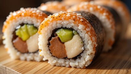 Close Up of Colorful Sushi Rolls with Fresh Ingredients on a Wooden Surface