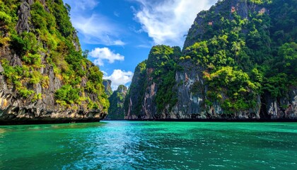 Fototapeta premium Azure Water Between Green Cliffs Under Blue Sky in Khao Sok National Park of Thailand on Sunny Day