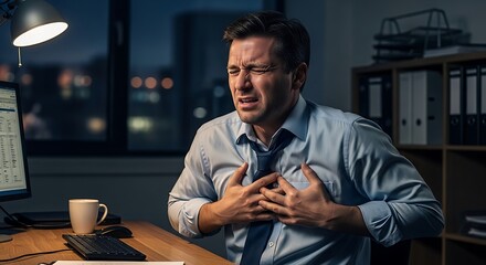 A stressed businessman clutches his chest in pain while working late at his office desk, suggesting a potential heart attack or severe chest discomfort.