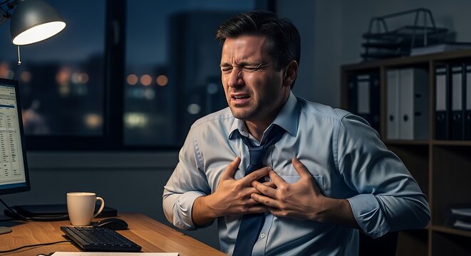 A stressed businessman clutches his chest in pain while working late at his office desk, suggesting a potential heart attack or severe chest discomfort.