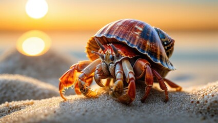 Colorful Hermit Crab on Sandy Beach During Sunset with Glowing Horizon