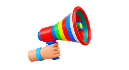 Megaphone announcement. Support hand with megaphone 3d cartoon.