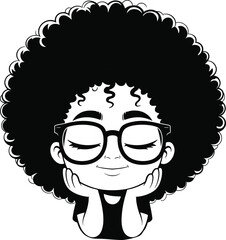 Adorable afro girl cartoon vector, cute child face with glasses, curly hair illustration, peaceful smile art, black girl character.