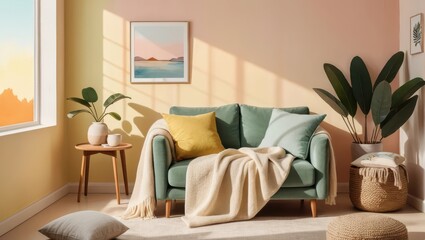 Cozy Living Room with Green Sofa, Decorative Cushions, and Natural Light Under Soft Pastel Walls