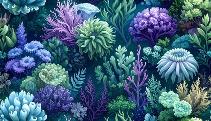 A vibrant underwater botanical pattern showcases a variety of colorful sea plants and coral-like formations against a dark teal background.