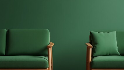 Modern green sofas against a deep green wall in a minimalist room