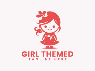 Adorable RedHued Girl Logo with Flower Hair Accessory and Dress.
