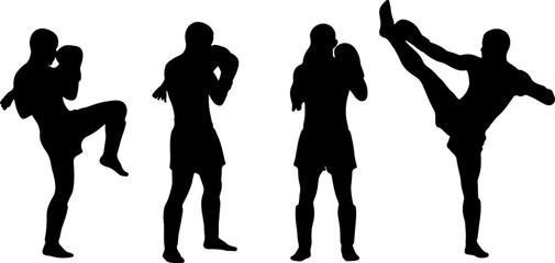 silhouette thai boxing postures muay thai in black shapes monochrome on white background vector